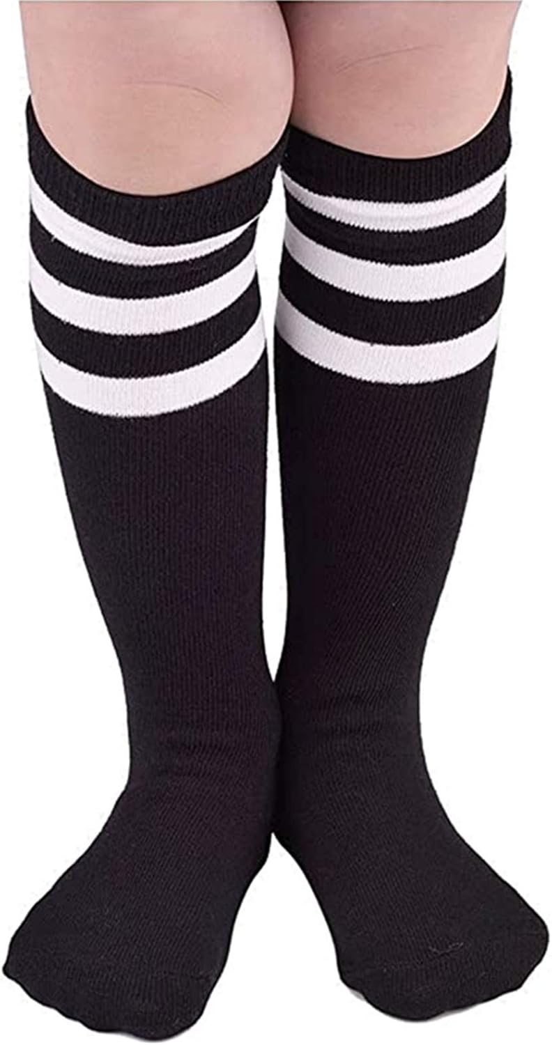 Century Star Kids Child Sport Soccer Socks Knee High Tube Socks Three Stripes Cotton Cute Stocking for Boys Girls 1 Pair Black White One Size: Clothing