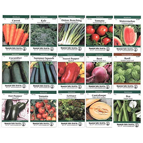 Heirloom Vegetable Garden Seed Collection - Assortment of 15 Non-GMO, Easy Grow, Gardening Seeds: Carrot, Onion, Tomato, Pea, Cucumber, Beets, Basil, More