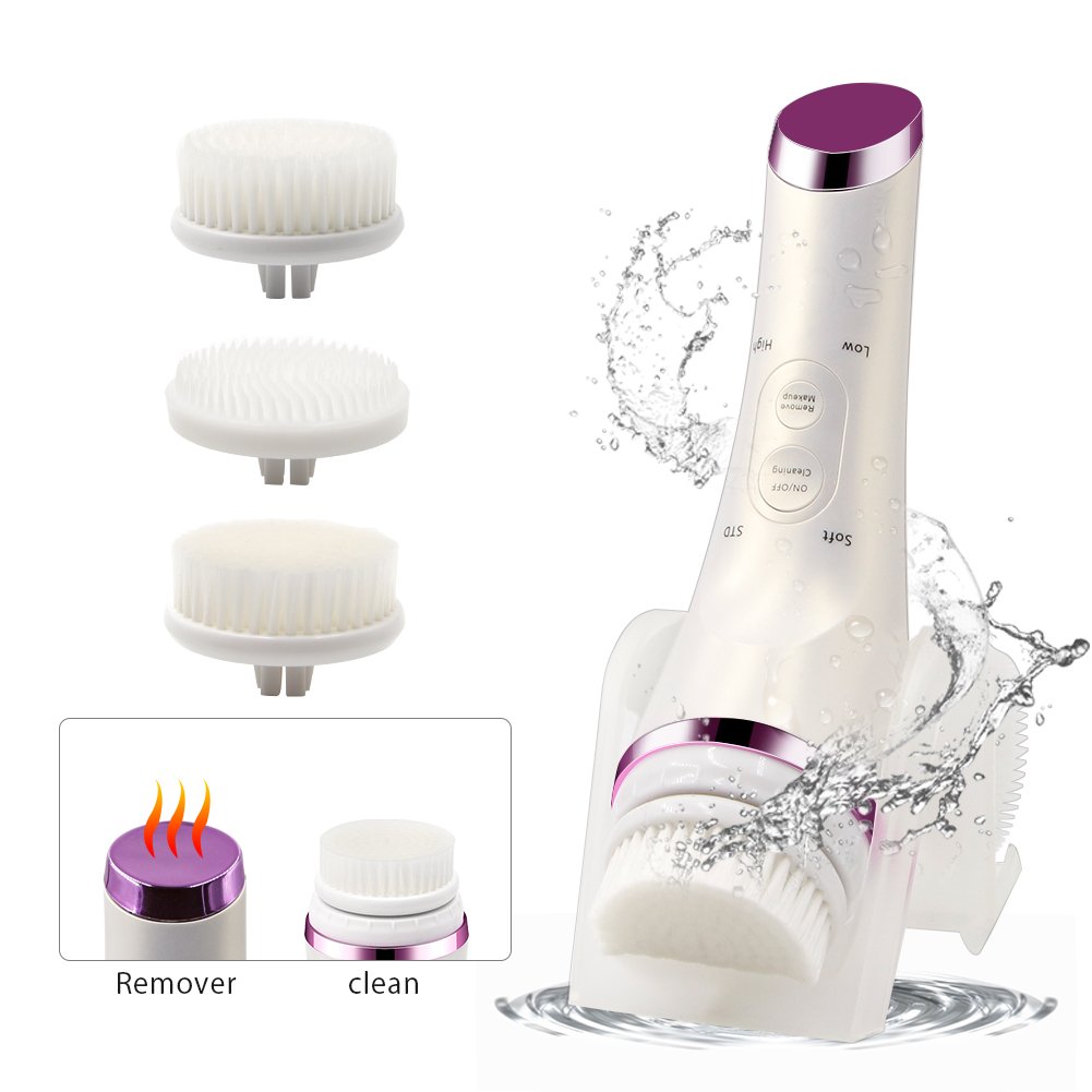 Vibrating Sonic Facial Cleansing Brush Waterproof Electric Face Washing Machine with 3 Brush Heads 1 Remover Head for Deep Makeup Remover Pore Cleaning Facial Care-Bonus A Cleansing Brush Holder