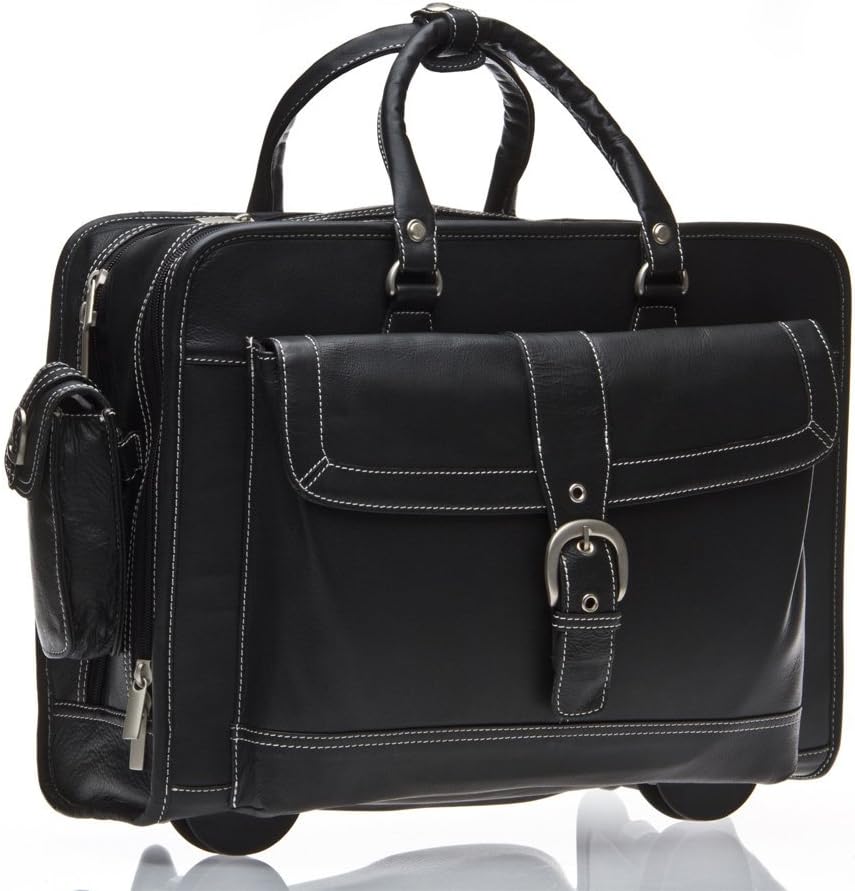 BLACK LEATHER LAPTOP TROLLEY/WHEELED BUSINESS BAG