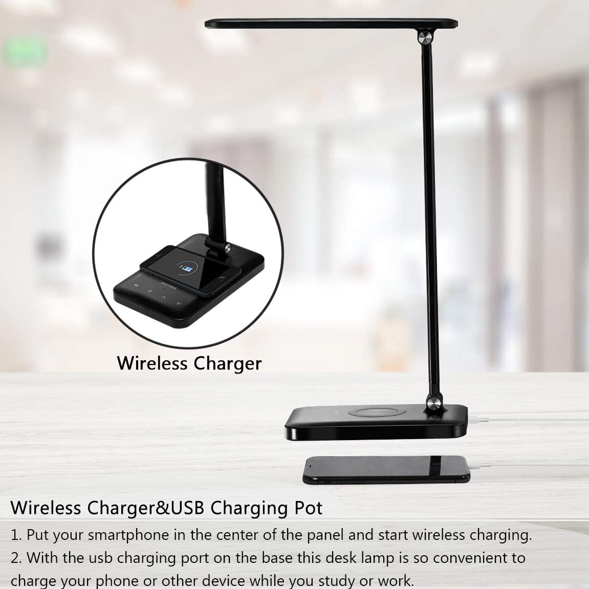 HDTIME Desk Lamp Black with Wireless Charger USB Charging Port 3 Lighting Modes with 5 Brightness Levels Touch Control Eye Care Desk Light for Home Office: Home Improvement