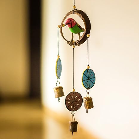 Exclusivelane Bird Home Decorative Hanging Cum Outdoor Garden Bells Wind Chime (Multicolour, Wood) - Wind Chimes for Balcony Wooden Wind Chimes Wind Chimes for Home Decorative Hanging