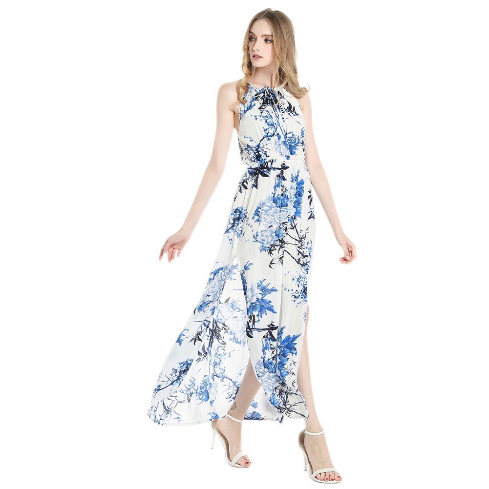 Zumine Women\'s Floral Print Halter Neck Split Summer Beach Maxi Dress (M, Blue)