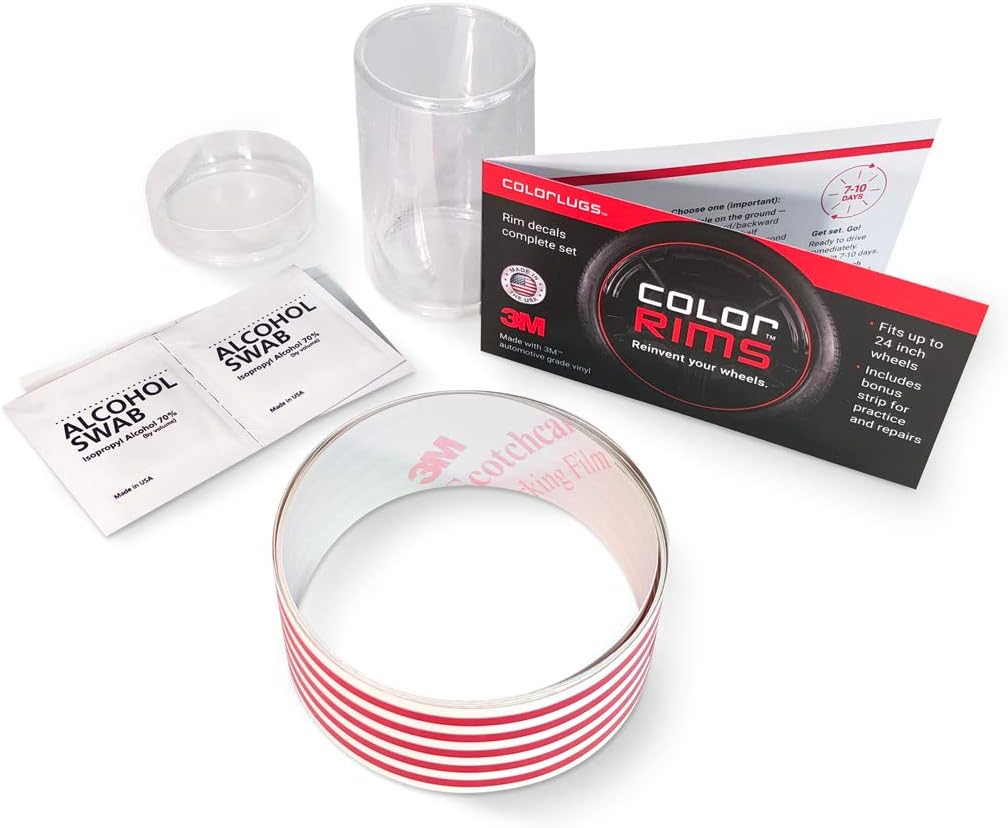 ColorLugs ColorRims Vinyl Rim Decal Tape Set | Set of 5 Universal Wheel Stickers | Fit up to 24 Inch Car, Truck and SUV Rims | Made with 3M Automotive Grade Vinyl | Made in The USA (Red, 1/8 Inch)