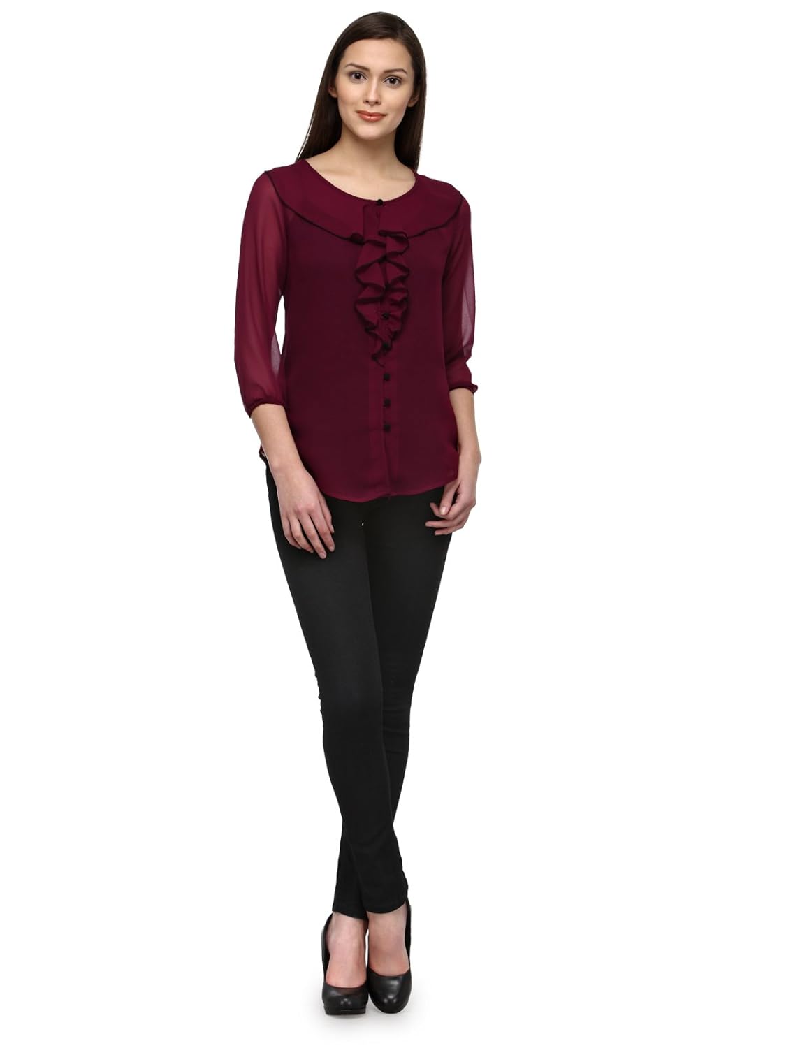 tunic nation women's wine 100% poly georgette frill top