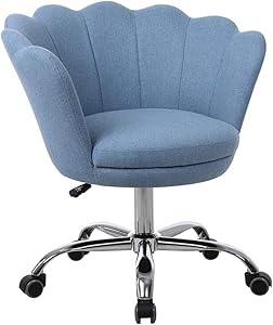 Goujxcy Desk Chair,Modern Linen Fabric Office Chair,360° Swivel Height Adjustable Comfy Upholstered Flower Accent Chair (Blue)