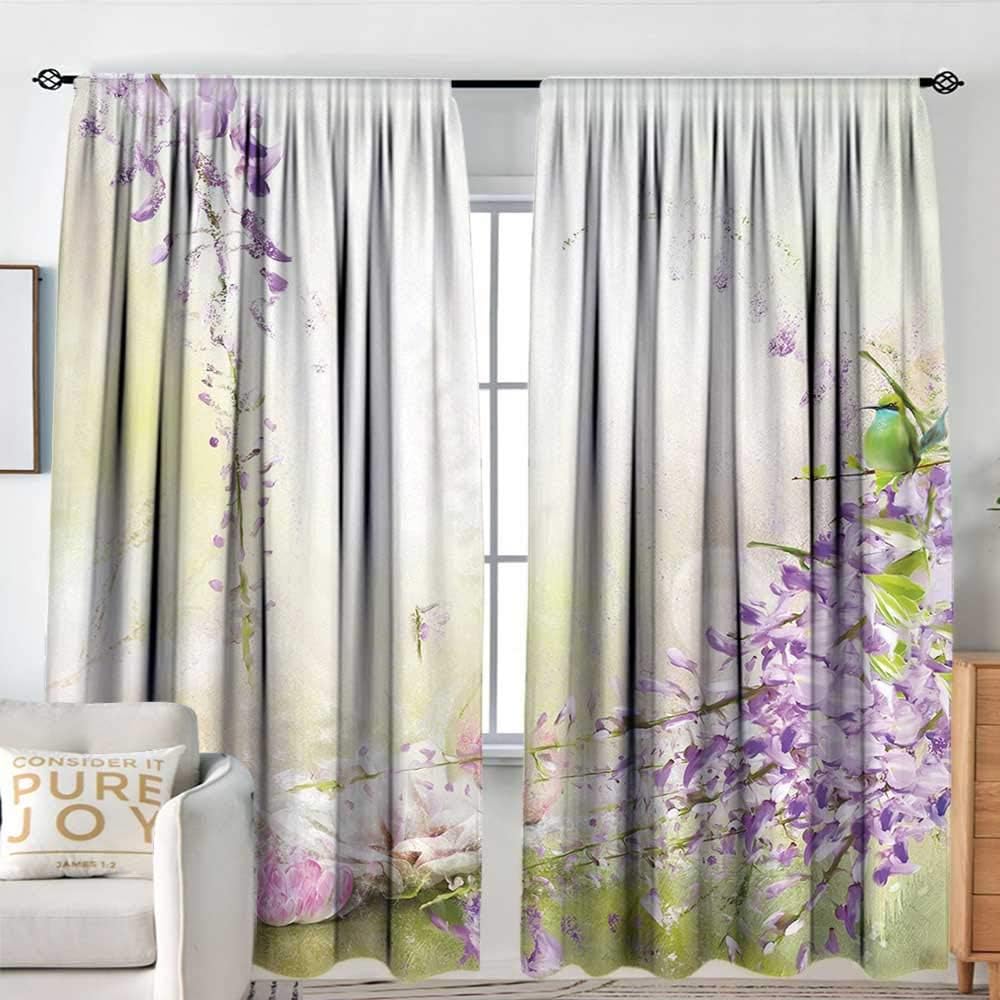 NUOMANAN Blackout Curtains Lavender,Artistic Painting Style Floral Composition Spring Inspired Garden Plants,Lavender Green Cream,Rod Pocket Curtain Panels for Bedroom & Kitchen 54"x72"