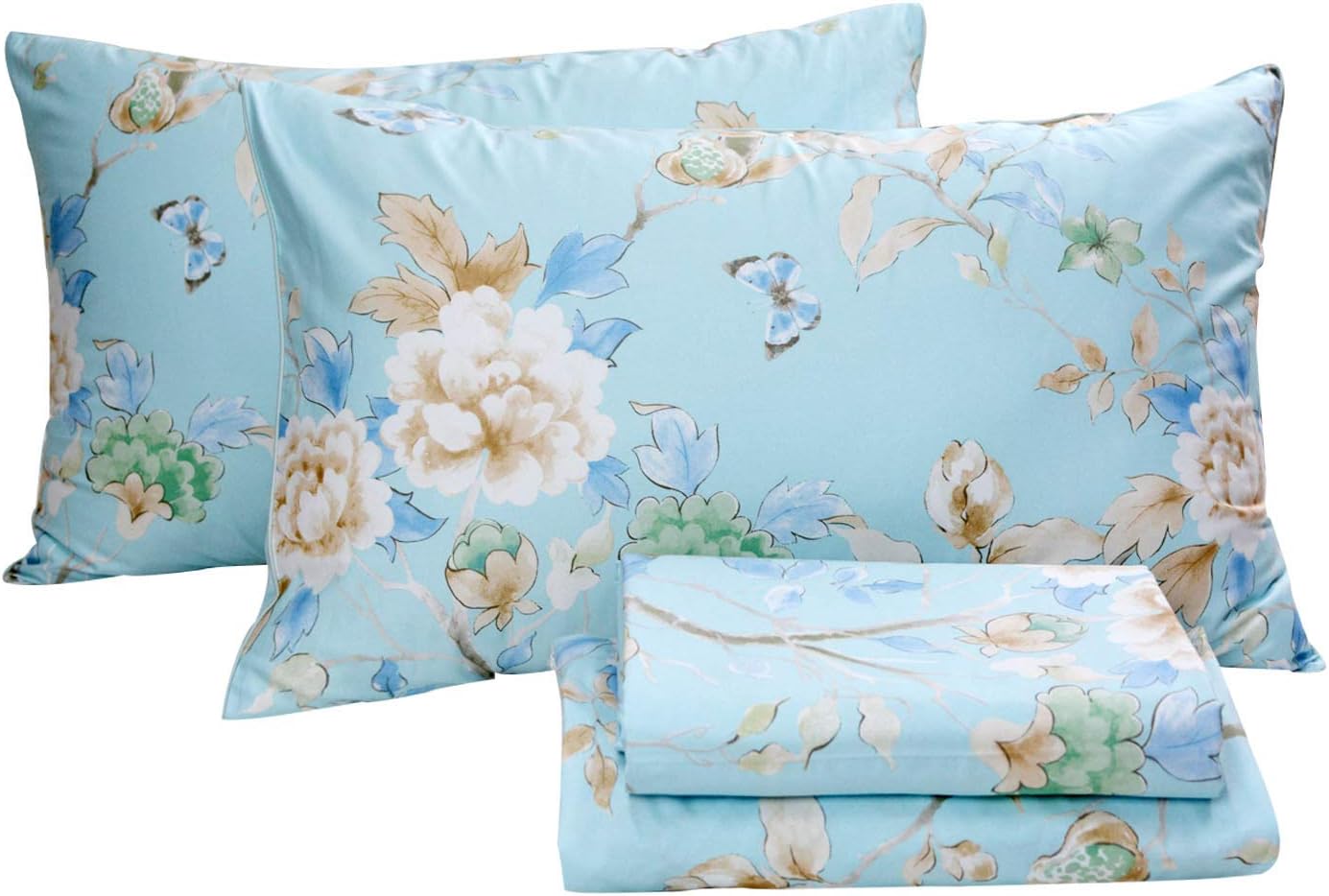 FADFAY Floral Bedding Shabby Blue Bird Print Bed Sheet Set Luxury