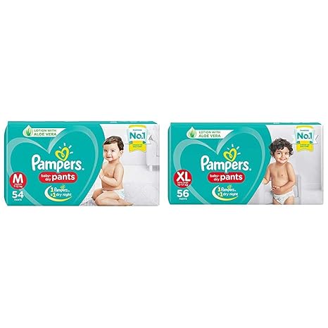 Pampers New Diapers Pants, Medium (54 Count) & Pampers New Diapers Pants, XL (56 Count)