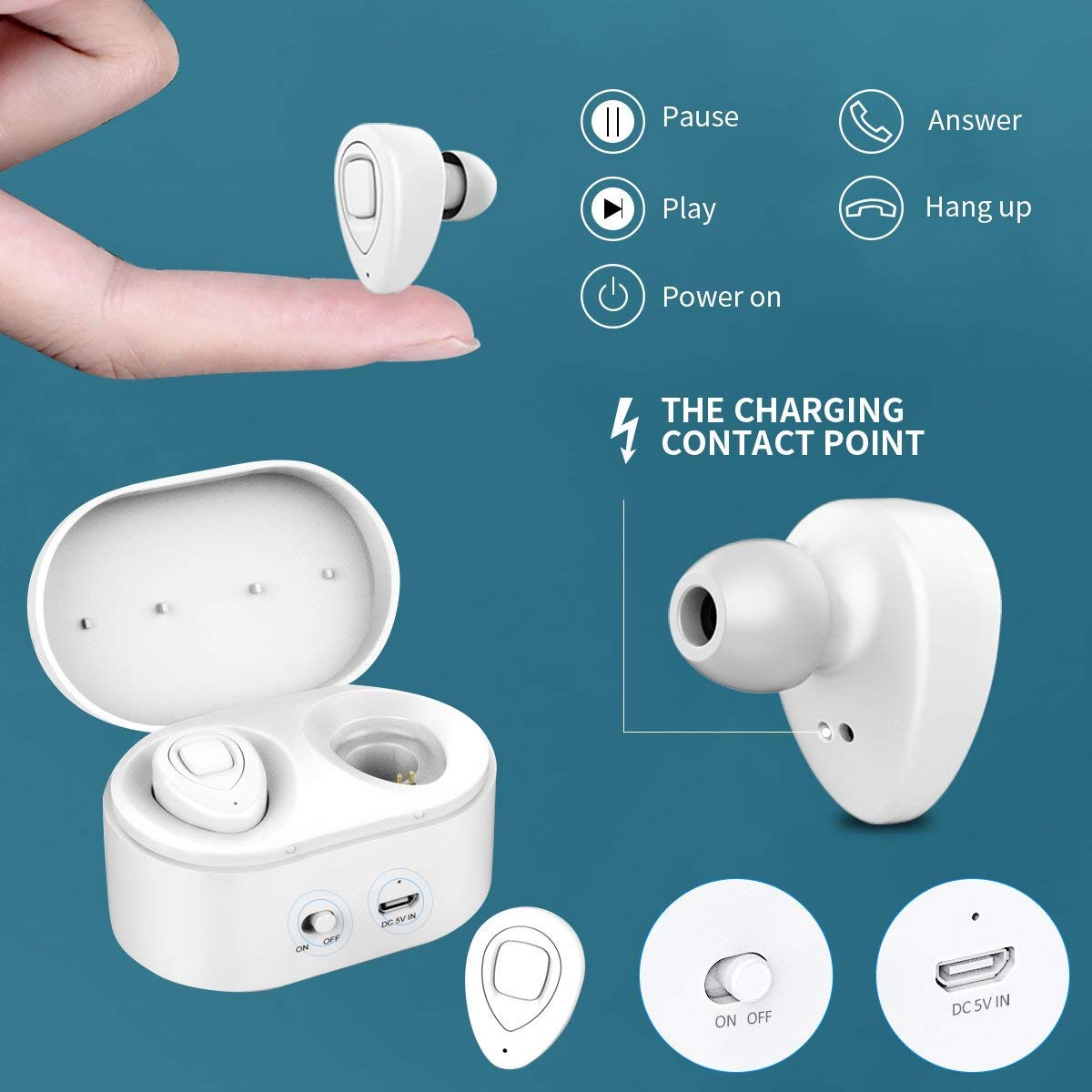 XIAOWU Cuffie Bluetooth senza fili – Mini Auricolari wireless bluetooth Effetto Stereo con Microfono Incorporato e Base di Ricarica per iPhone 8, 7 Plus, Samsung, iPad, Dispositivi Android … (DE-K5S-WHITE)