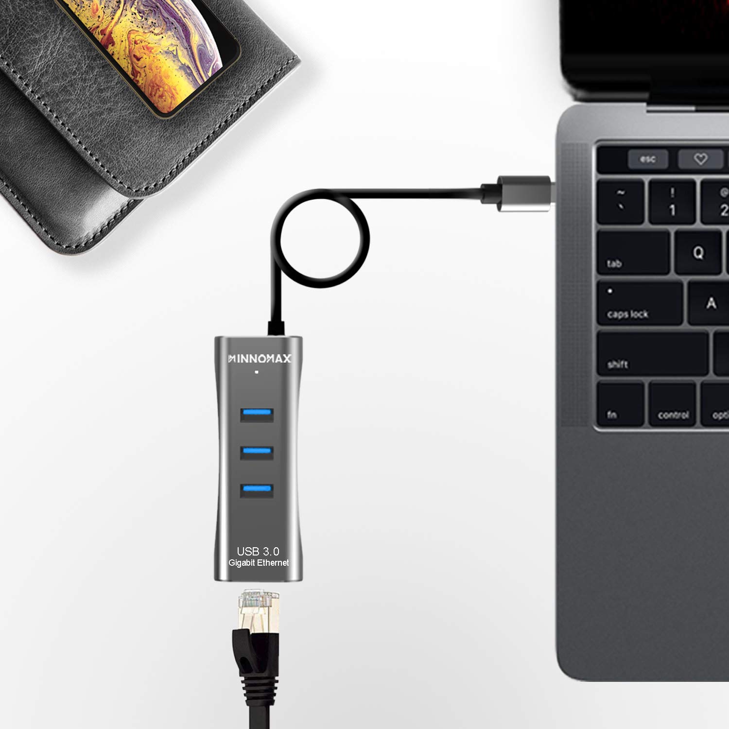 INNOMAX 3-Port USB 3.0 USB-C Hub for MacBook Pro 2018/2017/2016, USB-C to Ethernet Adapter, Thunderbolt 3 to RJ45 Gigabit Ethernet LAN Network Adapter for MacBook 12, Dell XPS,Surface,Pixelbook- Gray