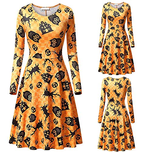 TnaIolral Women Dresses,Casual Halloween Printed Cocktail Long Sleeve Skirt (L, Multicolor 1)