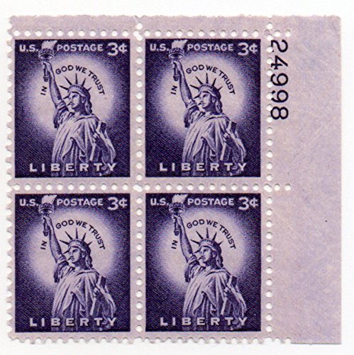 Postage Stamps United States. Plate Block #24949 of Four 3 Cents Deep Violet Statue of Liberty Stamps, Dated 1954-68, Scott #1035.