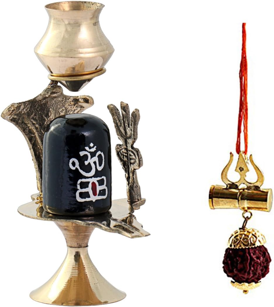 Ratnatraya Combo of Energized Shivshakti Kawach Locket with Brass Shiva Lingam Abhishek Patra with Trishul and Nag for Pooja Room