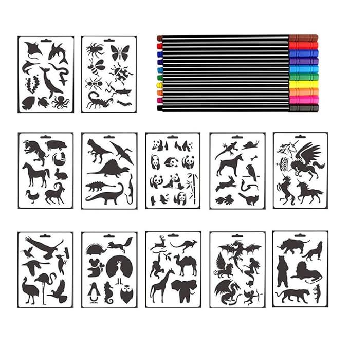 Wellouis Children 12Pcs/Set Plastic Animals Painting Template for DIY Albums Painting Craft