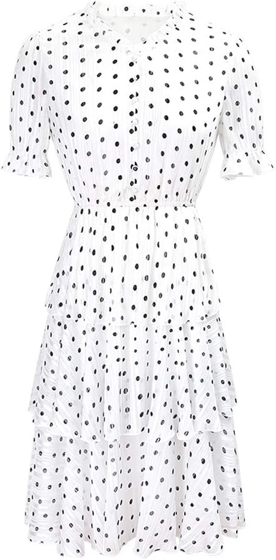 Amazon S Charmaレディースドレス 夏シフォンワンピース膝丈ワンピース水玉半袖aラインスカートウエディングドレス 白 ワンピース チュニック 通販