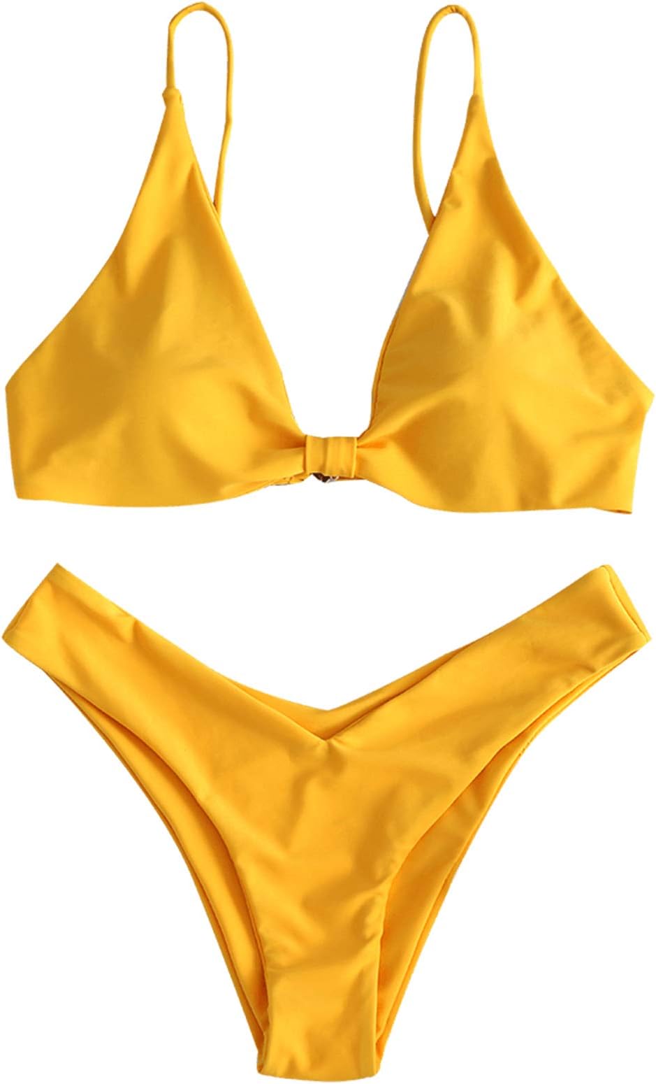 Women's Plunging Knotted Front High Cut Thong Bikini Set Cami Strap Padded Swimsuit Bathing Suits