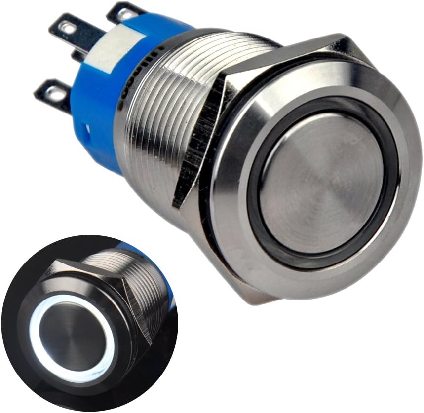 Ulincos Momentary Pushbutton Switch U19C3 1NO1NC Silver Stainless Steel Shell with 12V White LED Ring Suitable for 19mm 3/4" Mounting Hole (White)