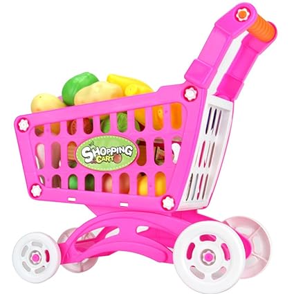 Thboxes Plastic Supermarket Toys Shopping Cart with Fruits Miniature Food Play Baby Early Educational Toy Pink