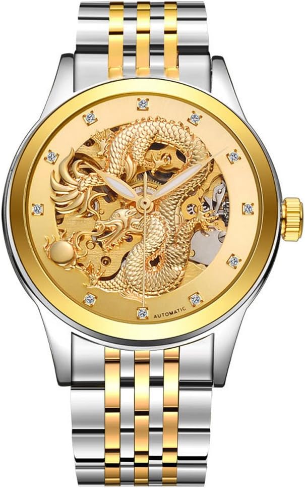 KTETA Mens Luxury Automatic Mechanical Dragon Skeleton Wrist Watches Gold Two-Tone Stainless Steel Analog Casual Watch