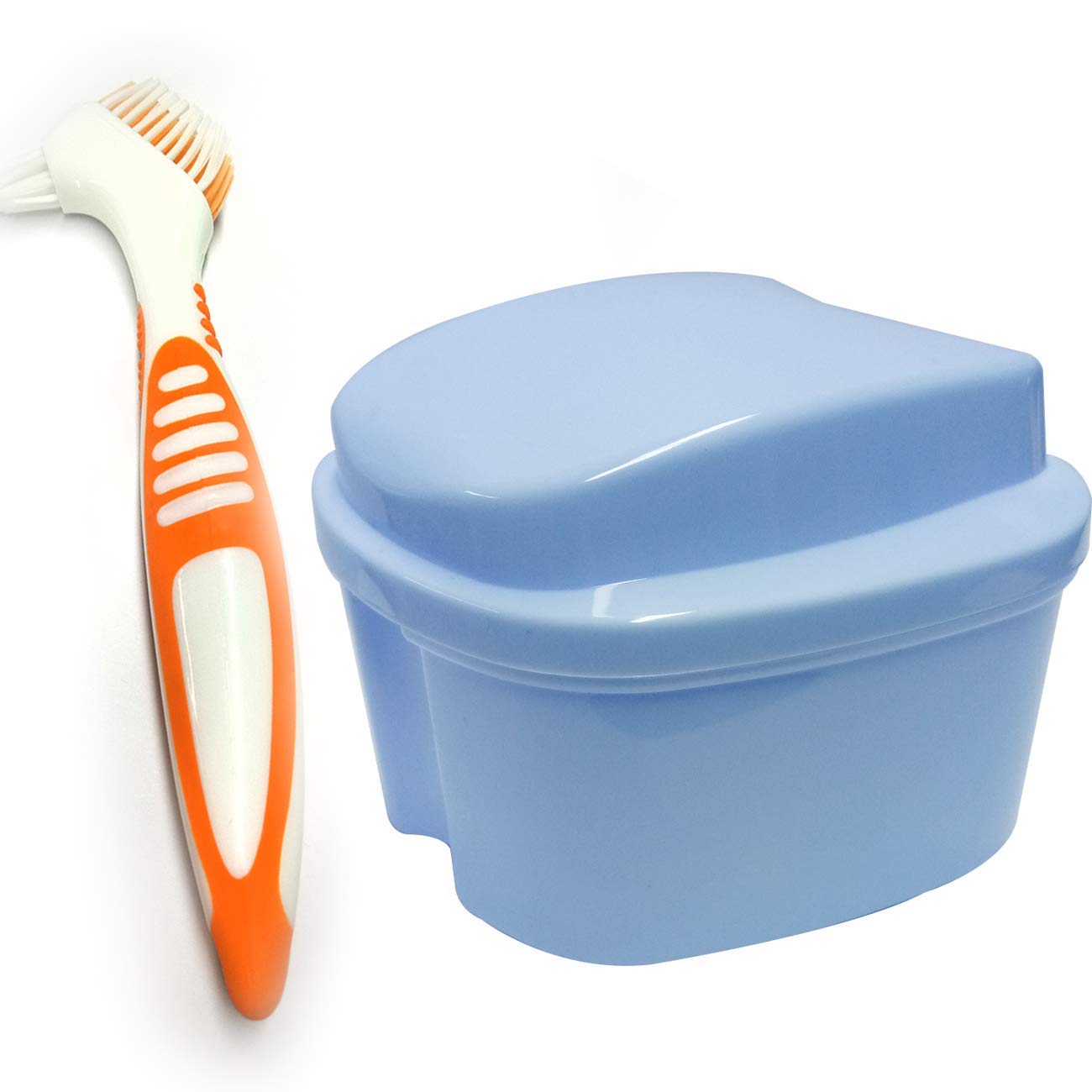Denture Box Case with Brush, Travel Portable False Teeth Cup with Strainer, Denture Bath Container for Complete Cleaning Care (Light Blue) : Beauty