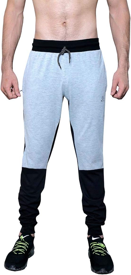 ROLLTOP® Men's Cotton Rich Blend Track Pants, Joggers, Sports Gym Lower Pajama with Top and Botton Rib, 1 Zip Pocket Slim Fit Black Grey Color