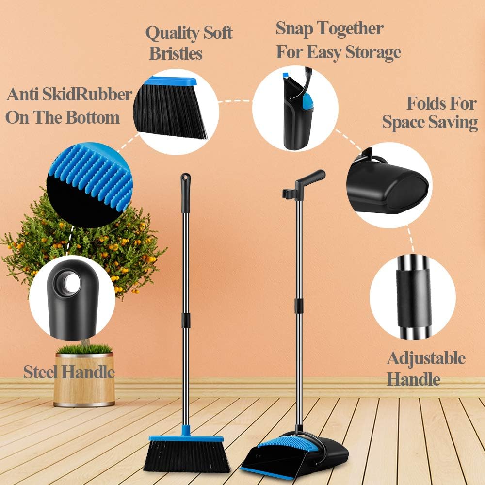 UDAODFA Premium Dustpan And Cleaning Broom Combination Of Stainless Steel Extra Long Handle Broom Is Easy To Clean And Assemble, Durable And Foldable For Home, Room, Office, Lobby Use (Black And Blue): Kitchen & Dining