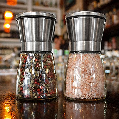 Spice Grinder Stainless Steel Salt and Pepper Grinder Set of 2, Brushed Pepper Mill and Salt Mill, Glass Body &amp; Adjustable Ceramic Rotor