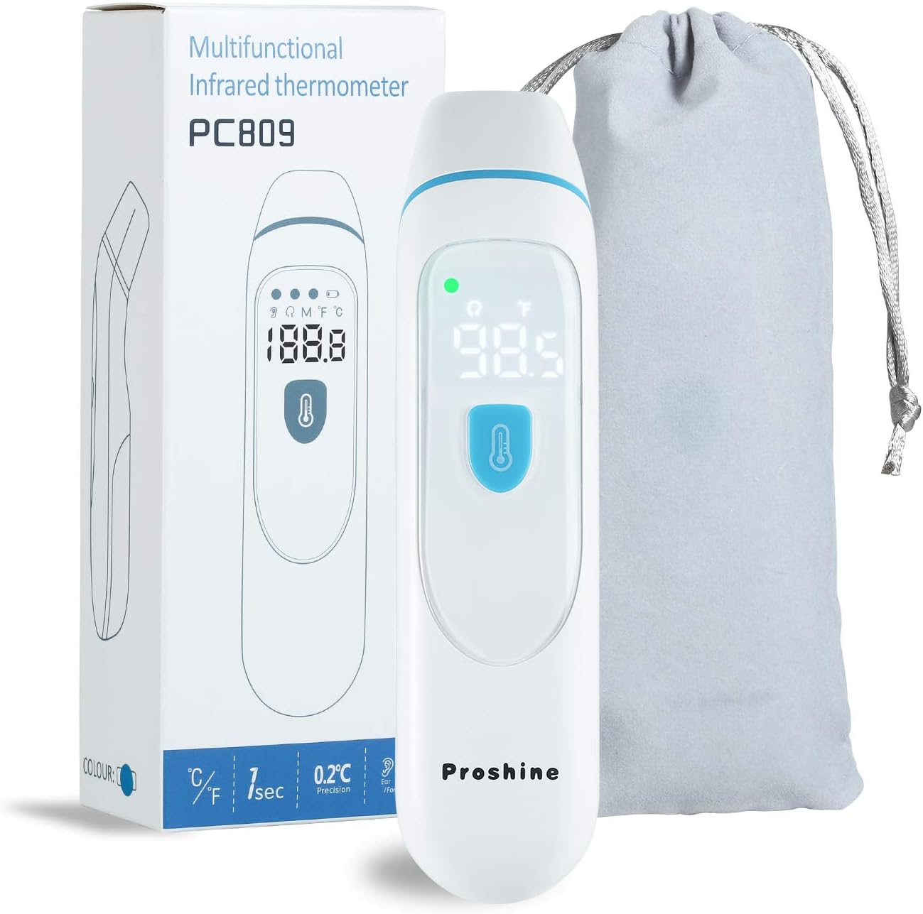 Proshine Forehead and Ear Medical Baby Thermometer, Non-Contact Baby Thermometer with Instant Thermometer Reading, Fever Alarm, Memory Recall for Kids & Adults (2019 Version Blue)