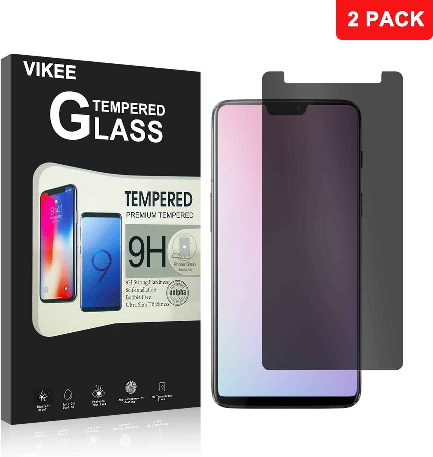 [2 Pack] OnePlus 6 Screen Protector, VIKEE HD Clear [Anti-Fingerprint][Bubble-Free][Easy to Install] 9H Hardness Tempered Glass Screen Protector Film for OnePlus 6 Privacy