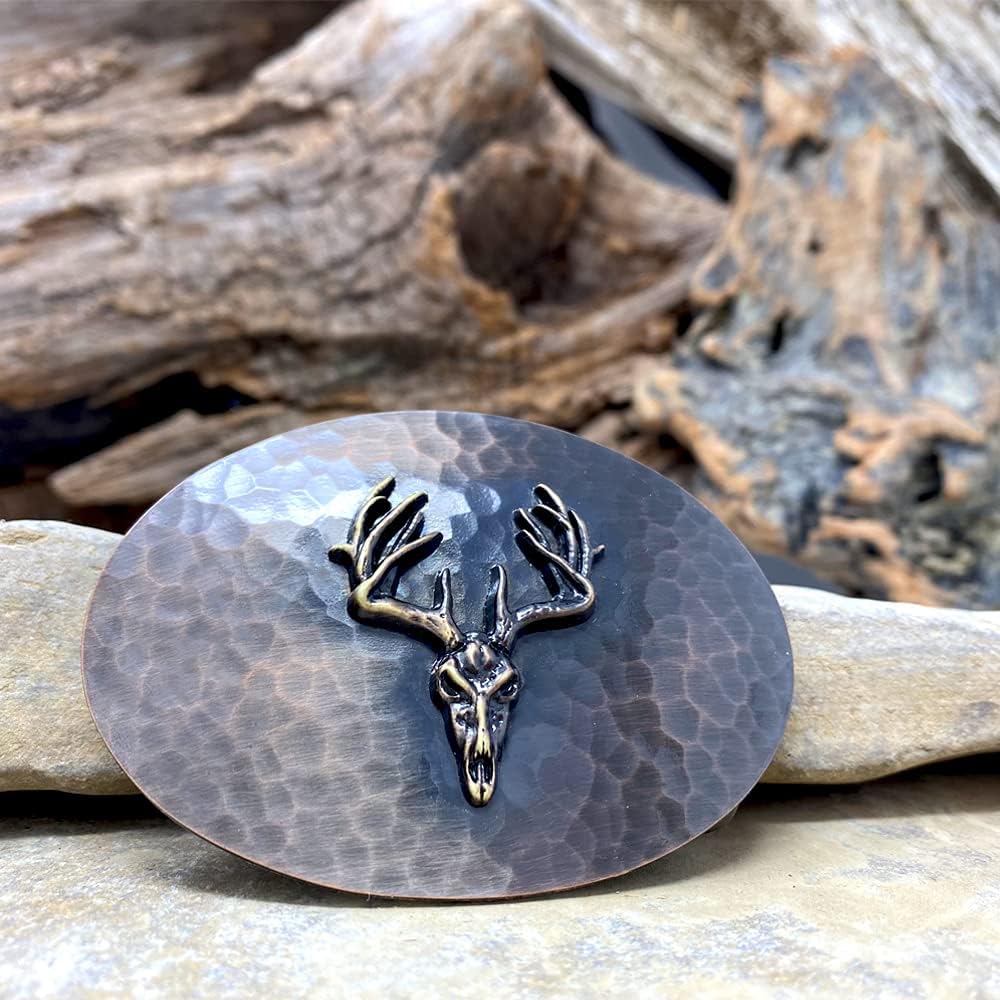 Montana Silversmiths Small Hammered Finish Western Belt Buckle (Deer Skull Oval Hammered): Clothing