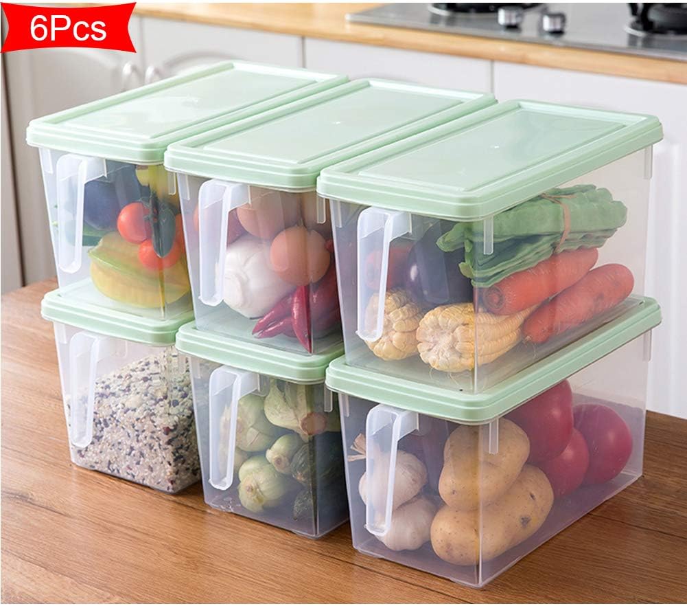 YAOJP Portable Fridge Organiser Storage Stackable Premium PP Transparent Food Storage Container with Lid for Storing Vegetables Fruits and More 29.5X15.6X16cm,Green,6Pcs