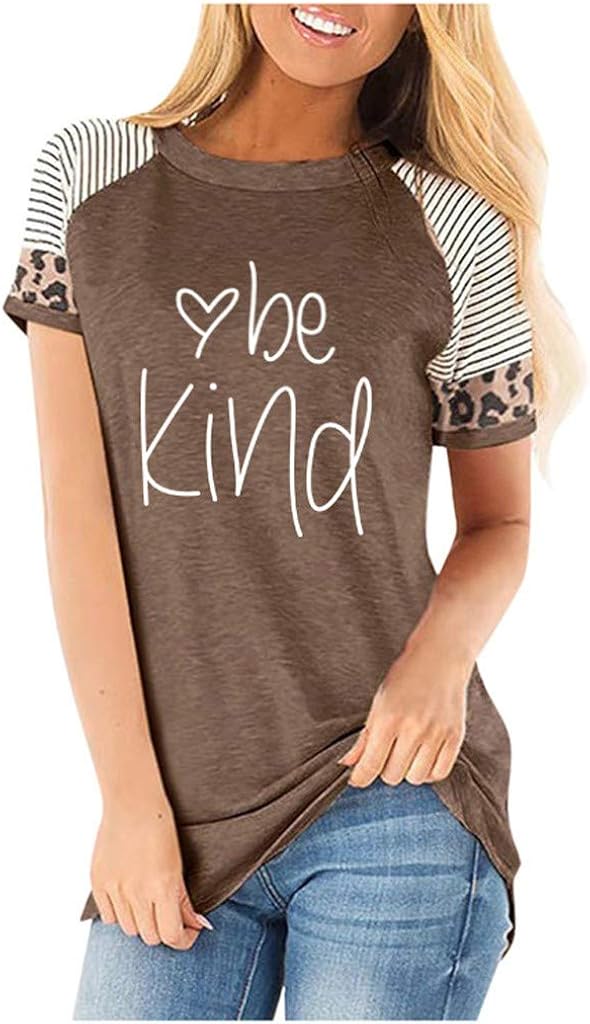 Casual Cute Shirts for Women,MOHOLL Comfy Short Sleeve Leopard Print Tops Be Kind Blouse Tunic T Shirts