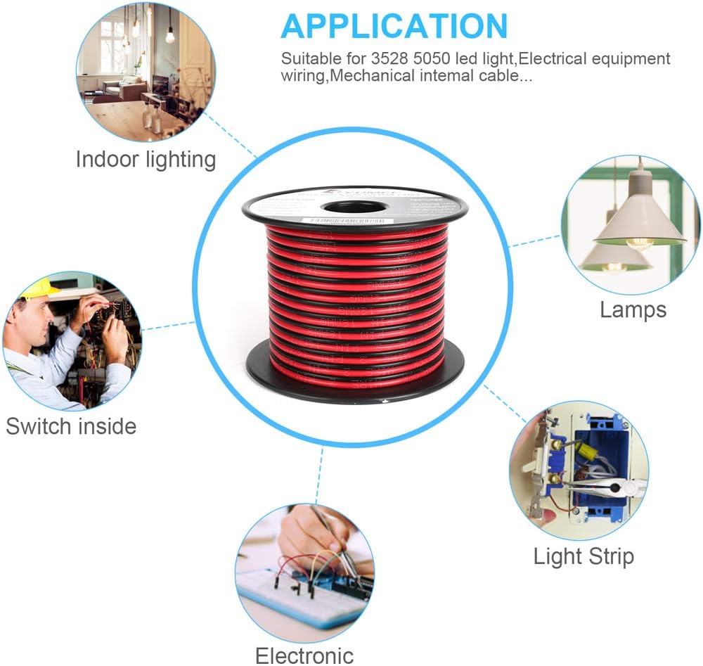 TYUMEN 100FT 16 Gauge 2pin 2 Color Red Black Cable Hookup Electrical Wire LED Strips Extension Wire 12V/24V DC Cable, 16AWG Flexible Wire Extension Cord for LED Ribbon Lamp Tape Lighting - - 