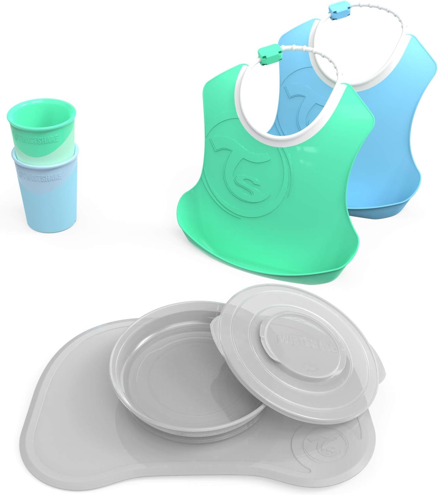 Twistshake Table Feeding Bundle for Boys with 2X 2 PK Training Cups, 2X 2PK Bibs, Click Mat + Plate Cover Pastel Blue/Grey/Pastel Green