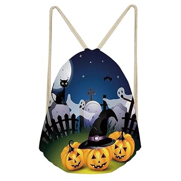 Amazon Com Niomhdos Halloween Funny Cartoon Design With Pumpkins Witches Hat Ghosts Graveyard Full Moon Cat Sack Bag String Bag Drawstring Bag Lightweight Waterproof Idea For Gym Shopping Sport Yoga Drawstring