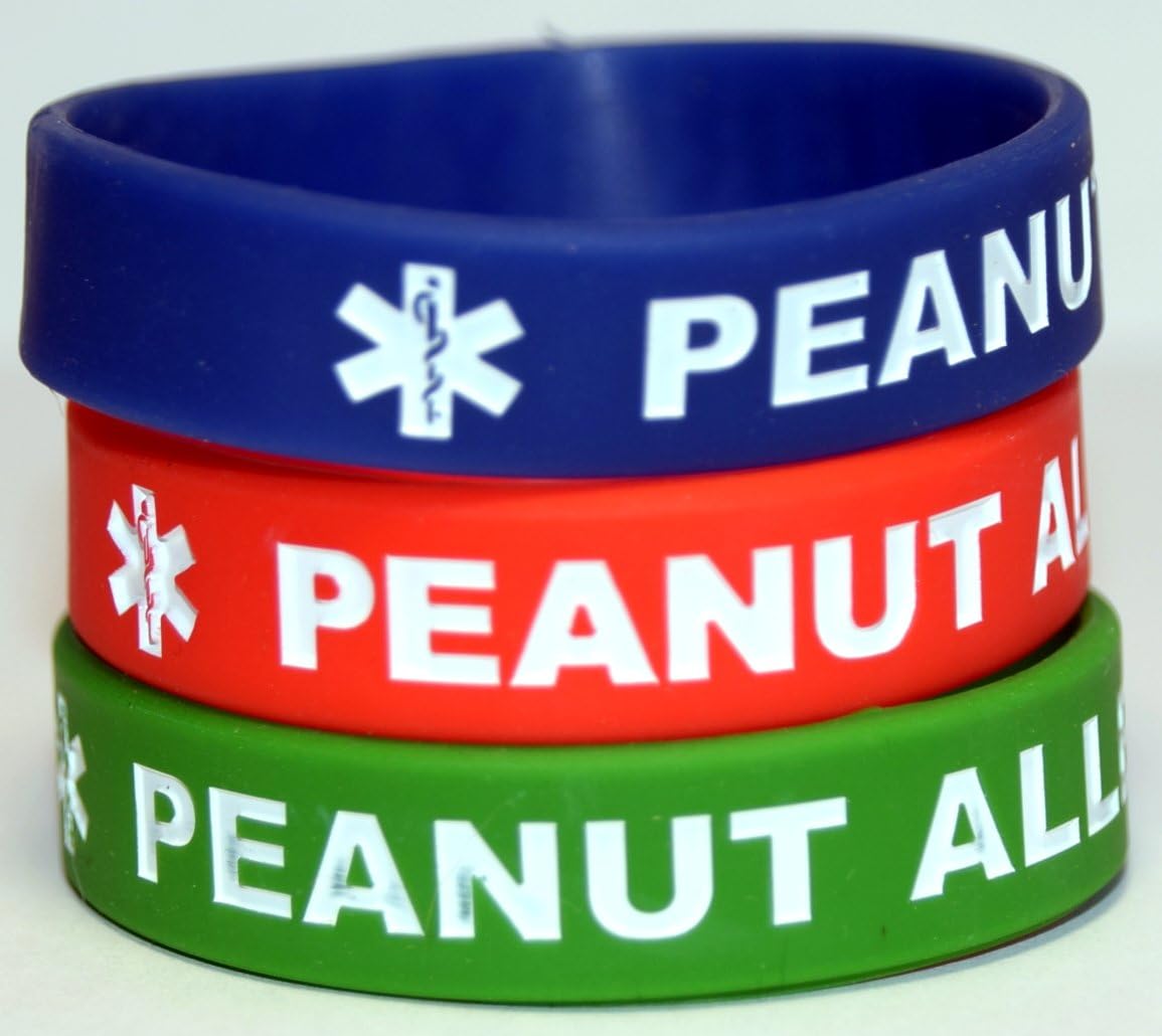 Peanut Allergy Medical Alert 3-Pack Toddler Size Bracelets (6 inch) (red, Blue, Green)