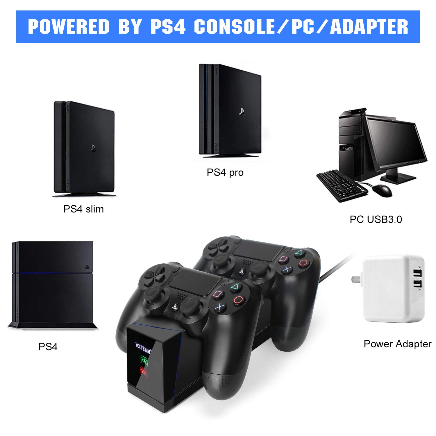 PS4 Controller Charger, Dual PS4 Modded Controller Charging Station for Sony Playstation 4 / PS4 / PS4 Slim / PS4 Pro Charging Dock Stand Station with IC-Chip Protection