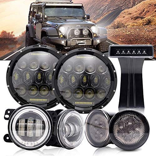 DOT 2PCS 7Inch Led Round Headlights Hi/Lo Beam DRL + 2PCS Amber/Yellow LED Turn Signal Light + 2PCS 4Inch Front Bumper Fog Lights + 1PCS LED 3rd Third Brake Light For 2007-2017 Jeep Wrangler JK JKU