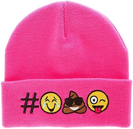 Emoji Beanie Knit Cap Hat - One Size Fits Most - NEON Colors - 4 Different Styles (Pink Neon - Smiley & Poo)
