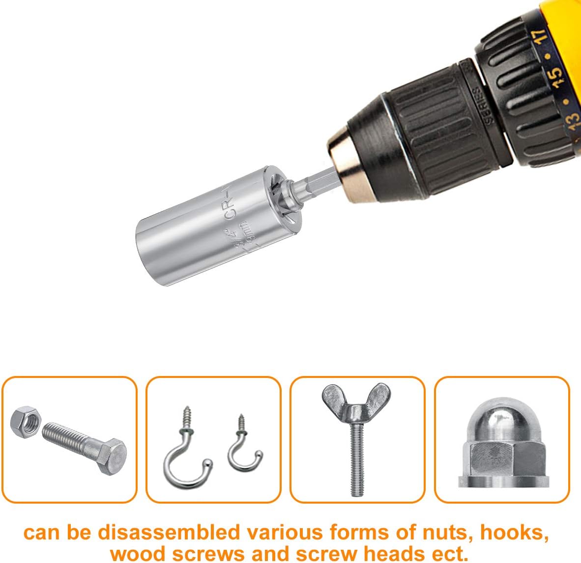 Universal Socket, NASUM 1/4’’- 3/4’’ (7mm-19mm) Socket Tool Sets with Multi-Function Ratchet Wrench Power Drill Adapter, 4Pc Set, Gift for DIY Handyman, Father, Husband, Men, Women - - 