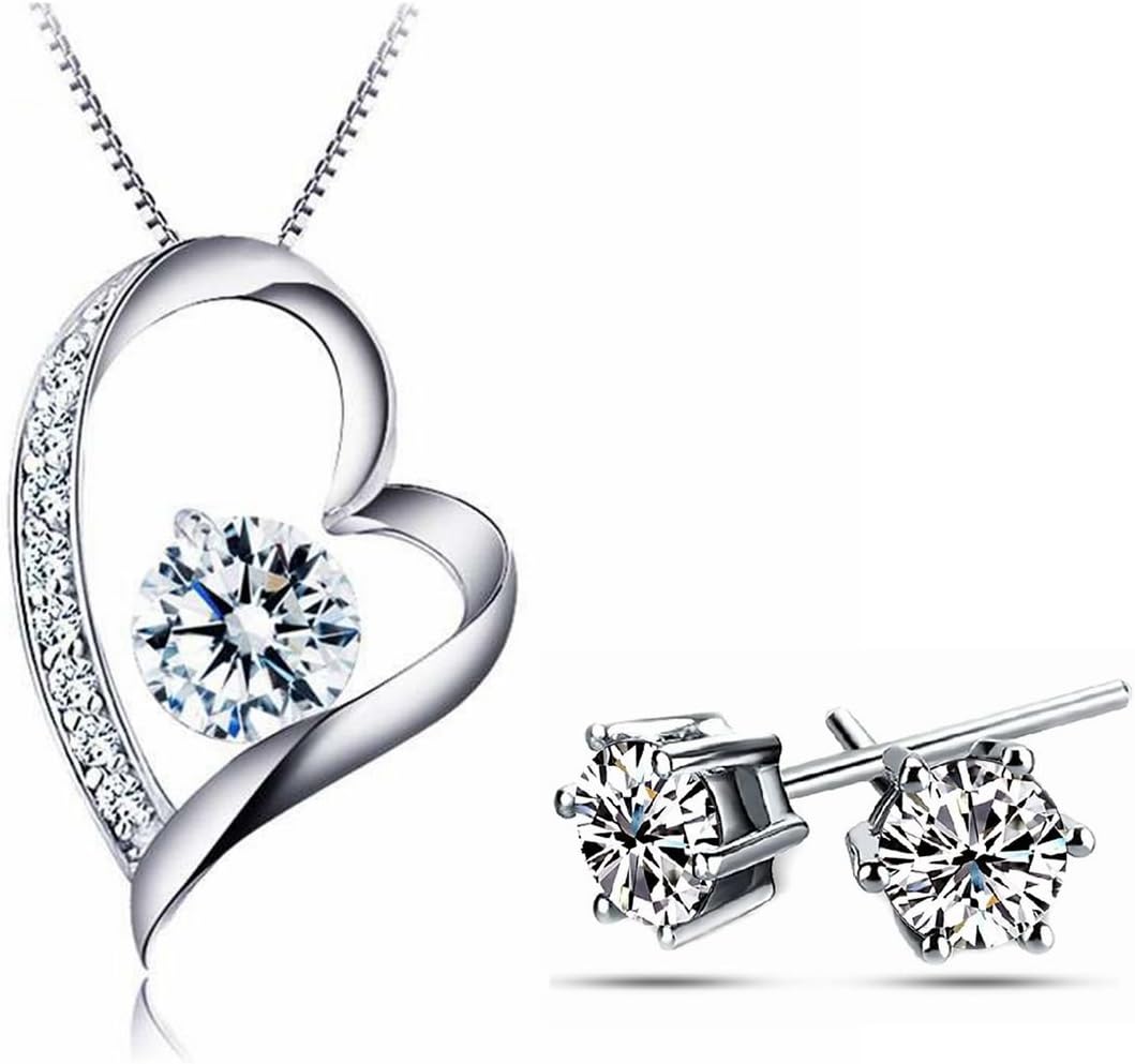 Besflily Jewellery Sets Silver Forever Love Heart Cubic Zirconia Crystal Pendant Necklace and Stud Earring Sets Gift for Women Girls