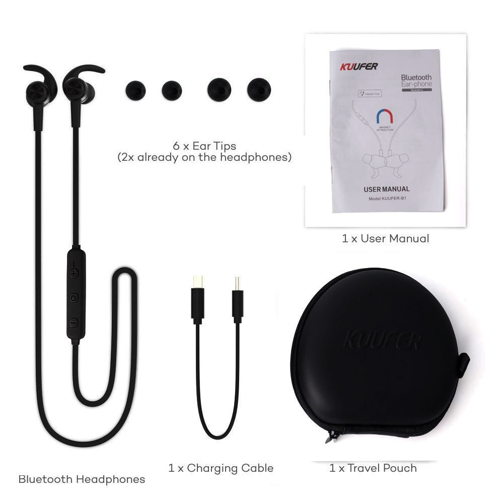 KUUFER Wireless Headphones, Bluetooth Earbuds with Magnetic Connection,6 Hours Play Time,Sport Headset with Mic,works with iPhone, iPad, Samsung, Nexus, HTC and More (Black)