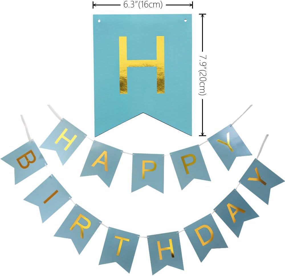 KUNGYO Happy Birthday Banner Birthday Party Decorations With Triangular Bunting Flag Garland (Blue), Blue,Gold,White - Image 3