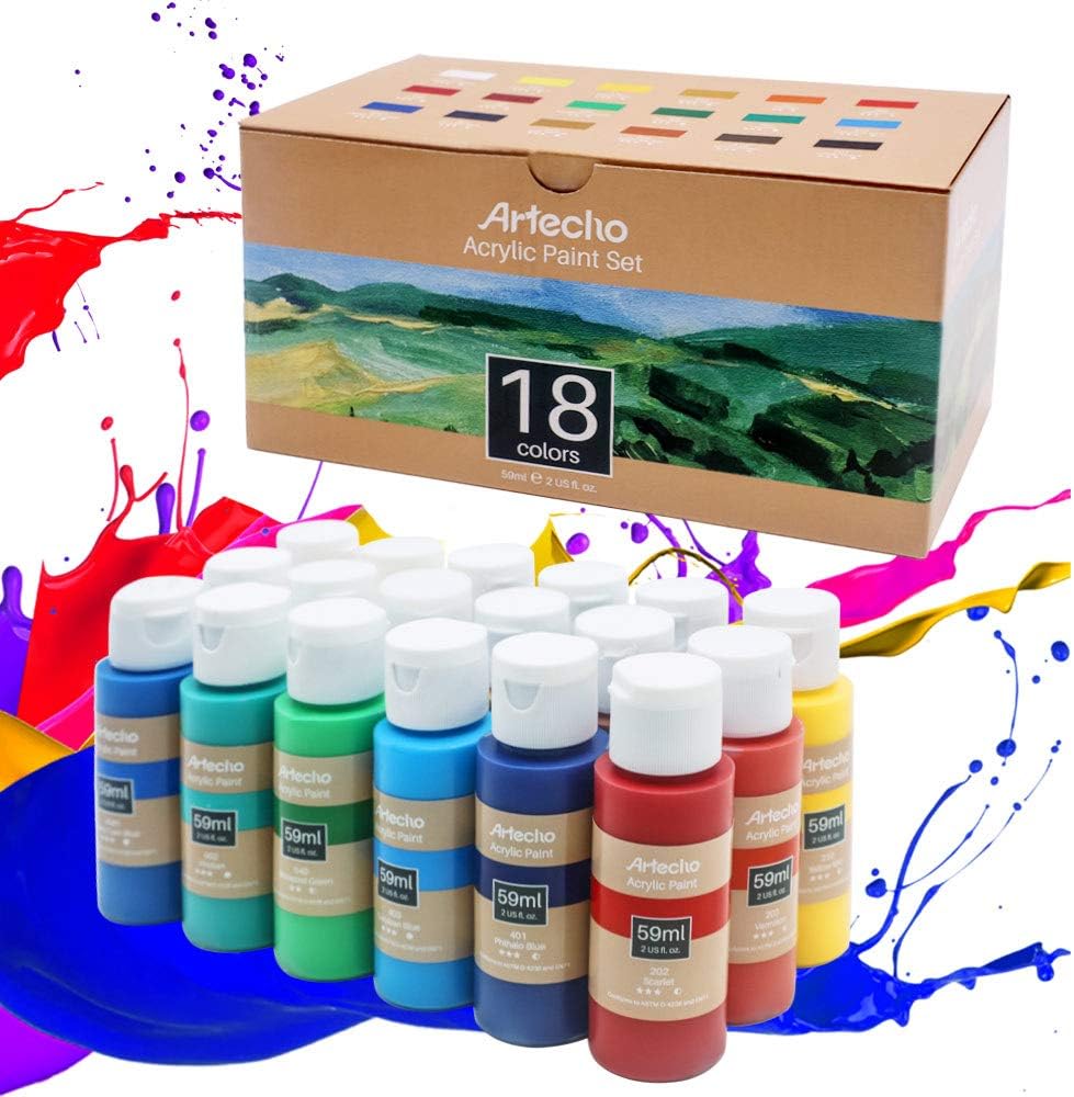 Artecho Acrylic Paint 18 Colors 2 Ounce/59ml, Acrylic Paints Set for Adults Non Toxic, Waterproof Paint Kit for Canvas Crafts