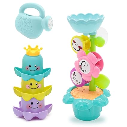 Lydaz Bath Toys Set Kids Flower Waterfall Water Station Stacking Cups and Watering Can Plus Bath Toy Organizer 6 PCs Bathtub Bathtime Toys for Baby Toddlers 1 2 3 Year Old