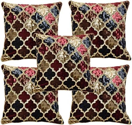 Ethnic Abstract Geometric Design Gold Embossed Printed Velvet Cushion Covers (16x16 inches, Gold, Golden, Dust Color) - Set of 5