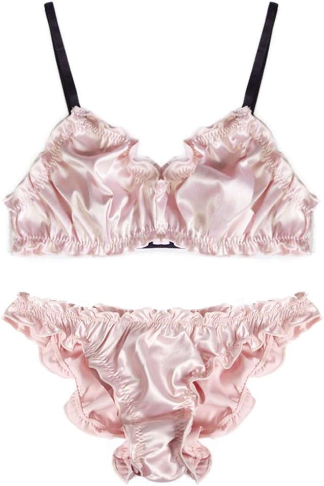 MY AGLAIA Women Sexy Ruffles Satin Wirefree Triangle Bra Bralette and Panty Set