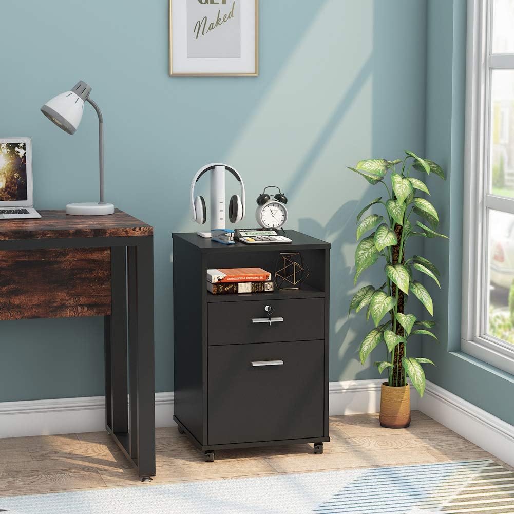 Home Kitchen Wood Modern Filing Cabinet For Letter Size Printer Stand With Rolling Wheels And Open Storage Shelf For Home Office Tribesigns 2 Drawer Mobile File Cabinet With Lock Black Home