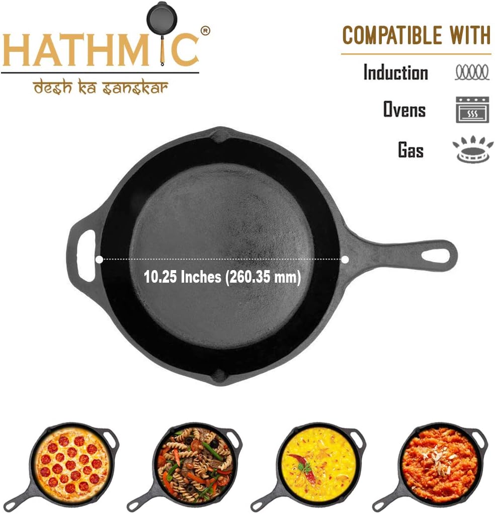 Hathmic Traditional Cast Iron Skillet Pan, 10.25 Inch, 3kg - Multipurpose Use for Home Kitchen or Restaurant